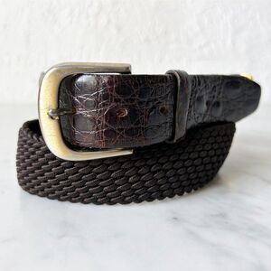 Hickok Brown Genuine Alligator/Woven Fabric Belt-Brass Buckle & Links-Men's SM